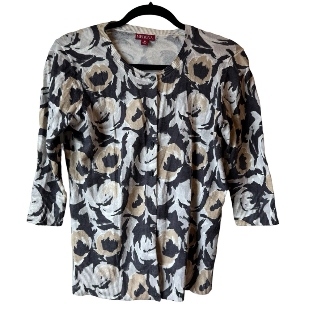 Merona Floral Brown Beige 3/4 Sleeve Button-Up Cardigan SZ Medium